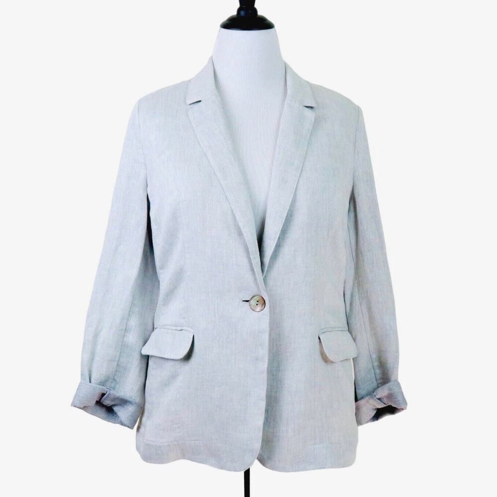J Jill Size M Linen Lurex Single Button Lightweight Blazer Jacket Gray - Picture 2 of 10
